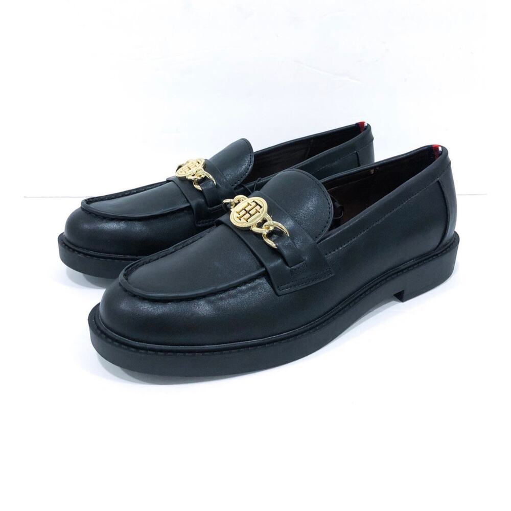 Tommy Hilfiger Terina Black Loafers Gold Chain Logo Flats - Picture 10 of 10